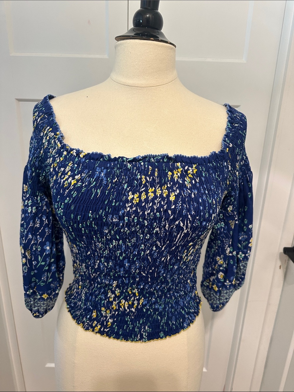 Poupette St. Barth Blue Floral Smocked Square-Neck Blouse